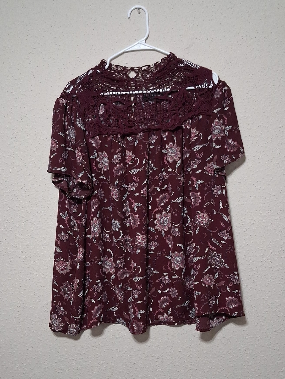 Lane Bryant Burgundy Floral Crochet Yoke Top